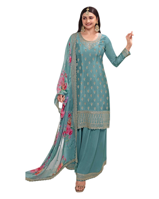 Light Blue - Simple / Classy Ladies Indian Palazzo Trousers Suit with Printed Dupatta - Size 20 (46") - VF67834 TK1024