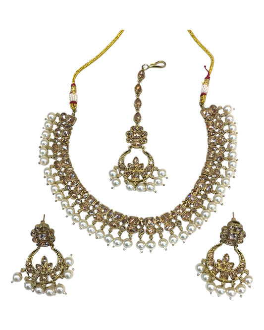 Gold / Neutral - Antique Gold Finish Necklace & Earrings Set - Bollywood - Weddings - KAJ1039 11KK24