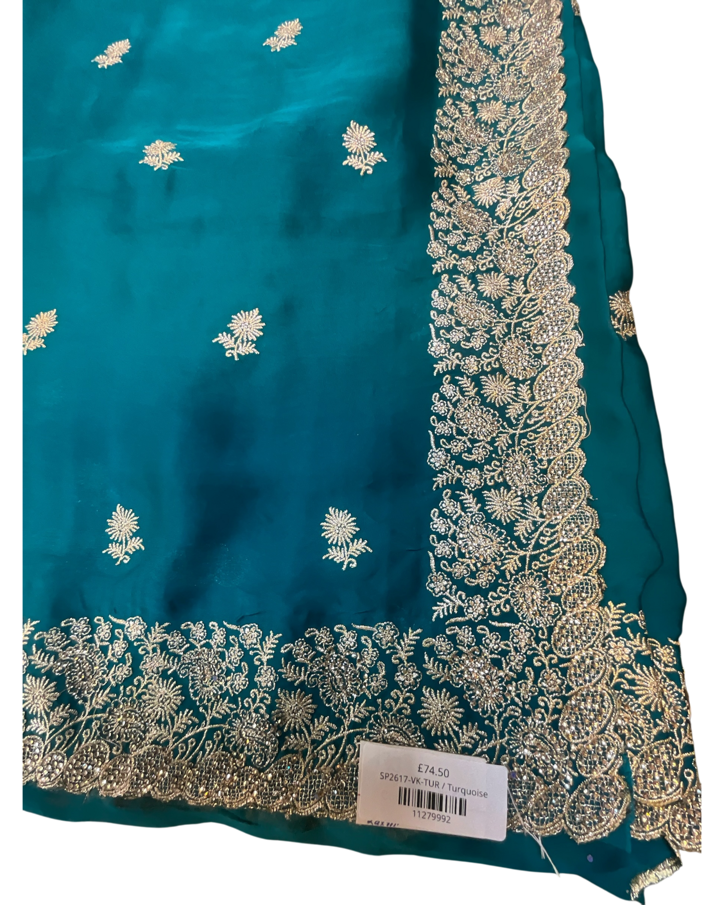 Turquoise - Saree with Thread / Stone Work and Blouse Piece - UK stock - 24hr Dispatch - SP2617 VK