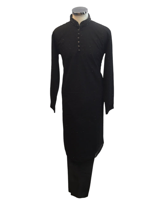 Black - Locknawi Chikankari Self Brocade Mens Indian Kurta set - Weddings / Walimas , Sangeet, Mehndi / Henna , Eid / Diwali - BS2502 01JY25
