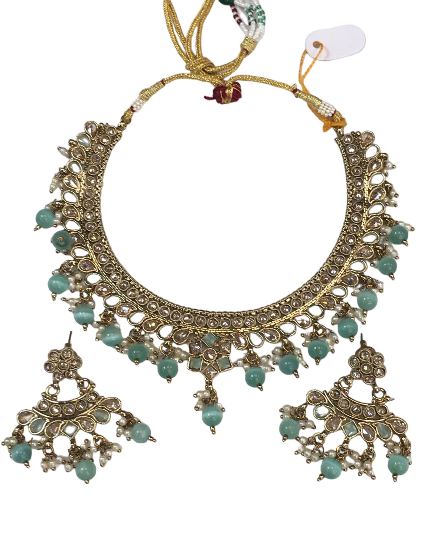 Sea Green - Medium Size Antique Gold Finish Necklace Set with Earrings - HR1008 KK 0424