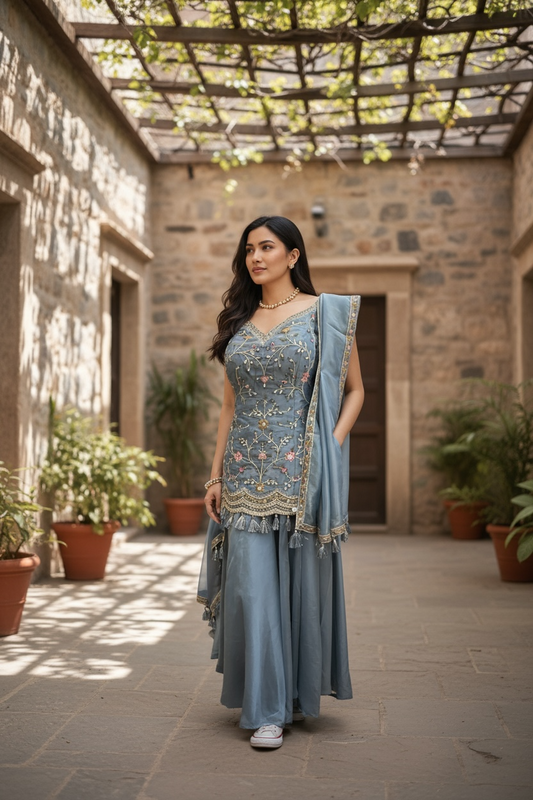 Bluish Grey - Designer Ladies Medium Top Palazzo Trousers Suit - Size 12 (38") - VMK AQUA 09AP25