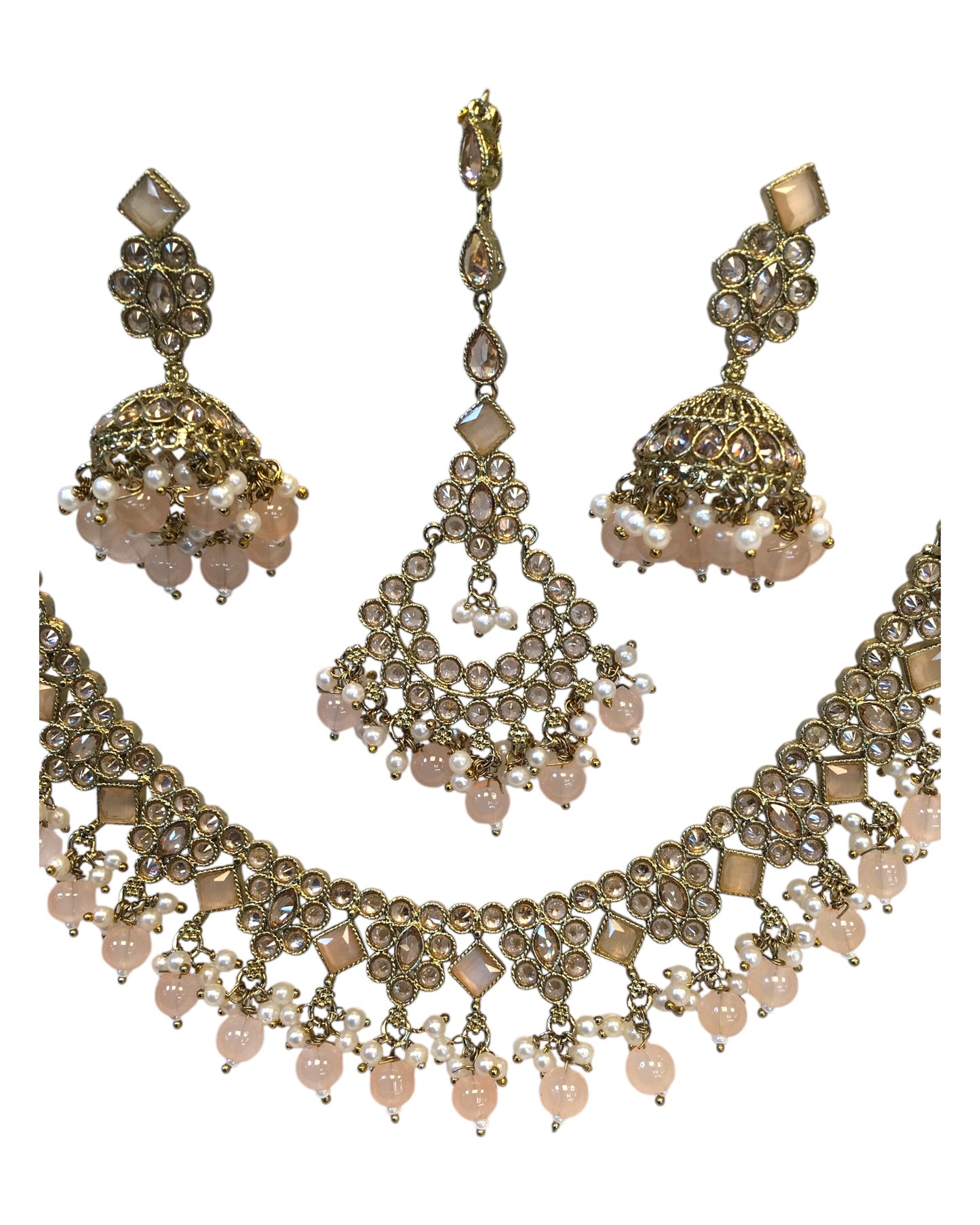 Peach - Antique Gold Finish Necklace & Earrings Set - Bollywood - Weddings - KAJ1035 11KK24