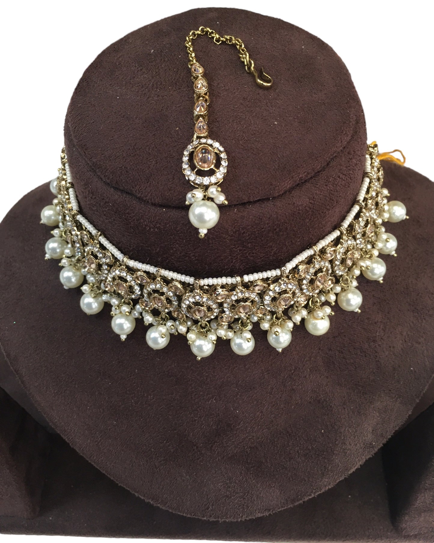 Gold - Medium Size Antique Gold Finish Choker Necklace Set with Earrings - RAK149 C 0424