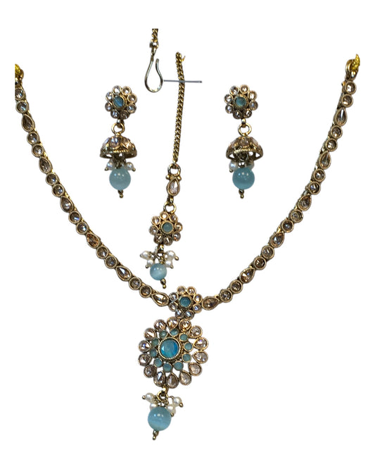 Light Blue - Small Size Antique Gold Finish Necklace Set with Earrings & Head Piece /Tika- SLV79 11A24