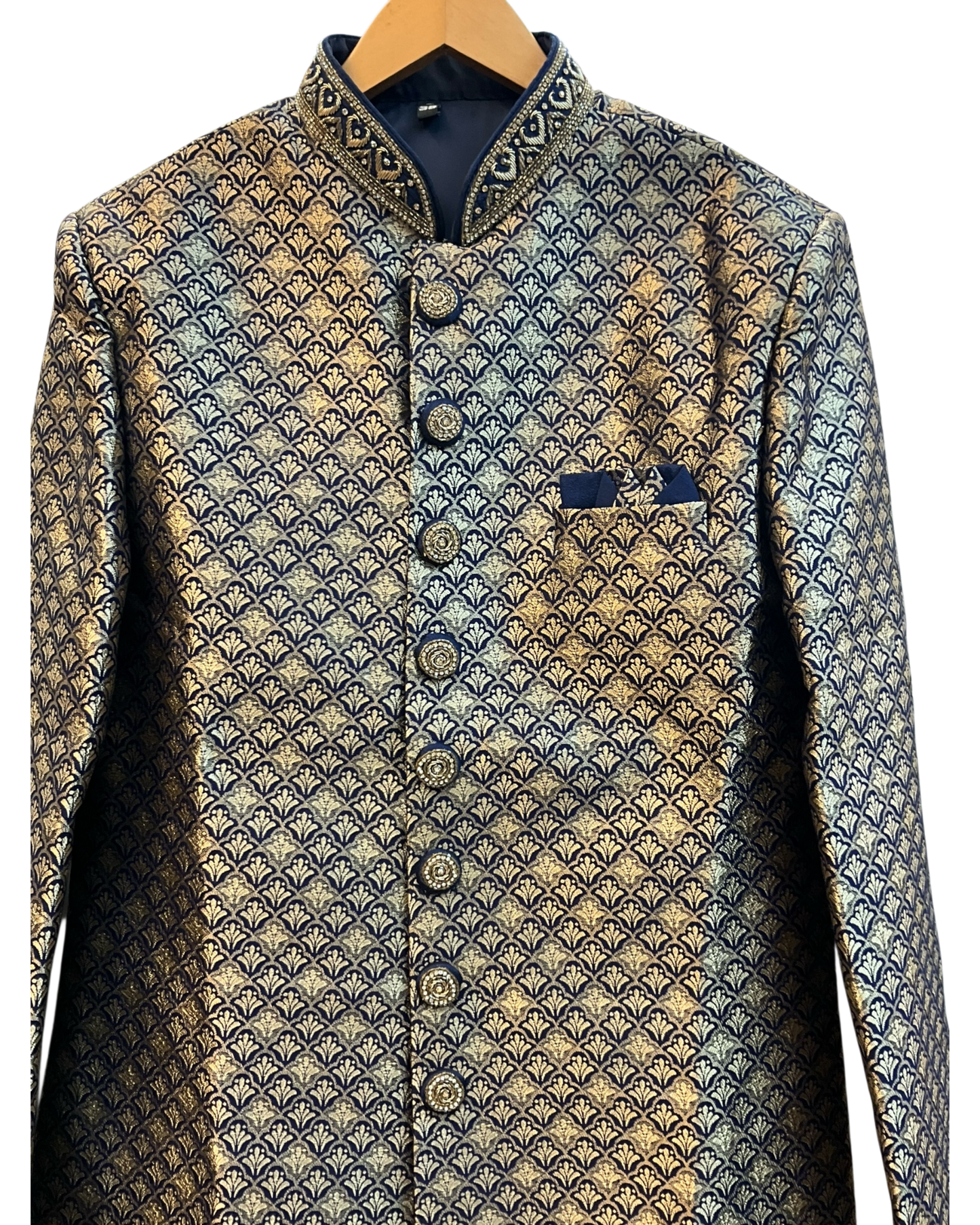 Navy Blue - Rich Banarasi Briocade Mens Sherwani Set with Smart Pants - Weddings / Walimas , Sangeet, Eid, Mehndi / Henna - SHU2601 TV 0526