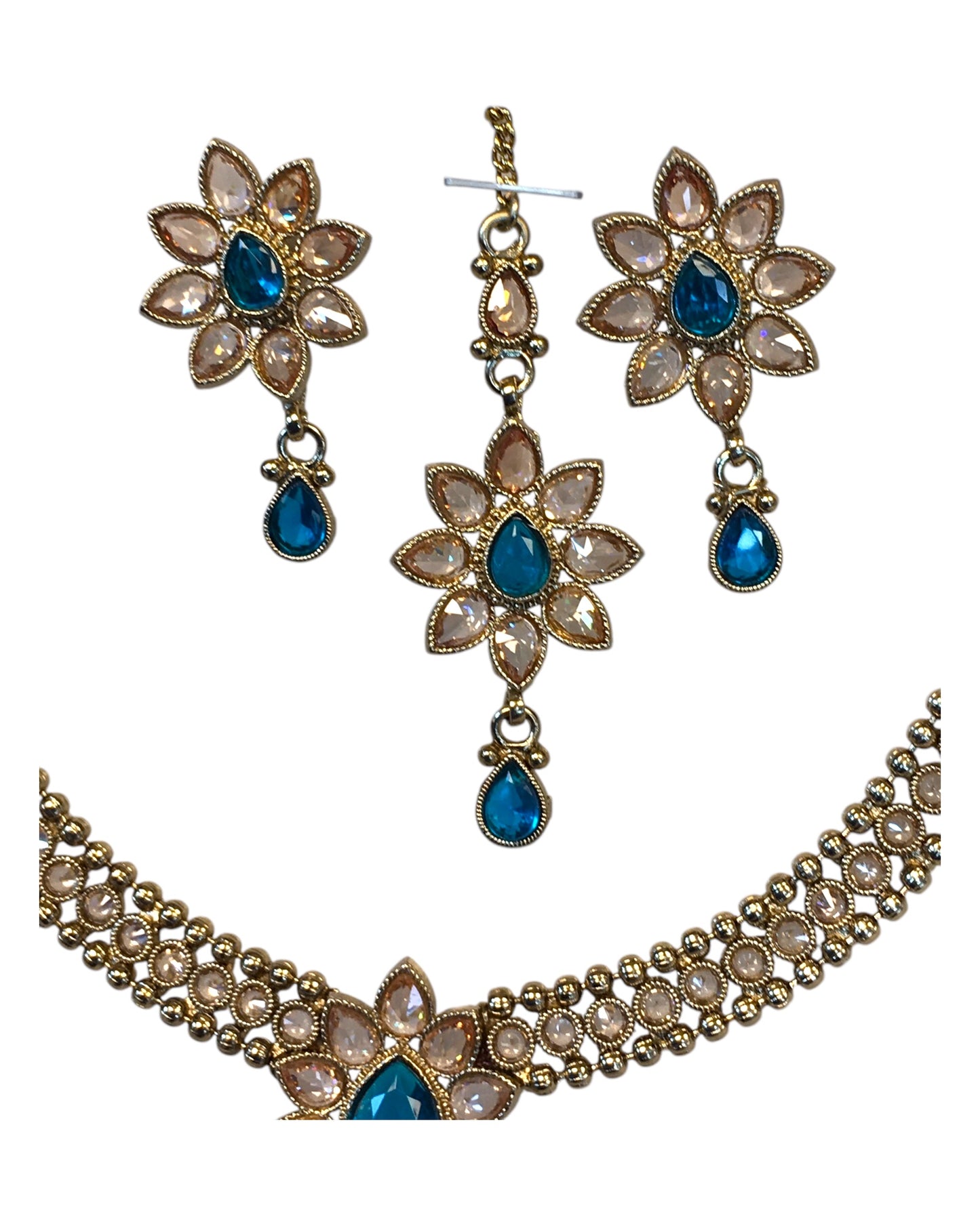 Turquoise - Medium Size Antique Gold Finish Necklace Set with Earrings & Head Piece /Tika- SLV80 11H24