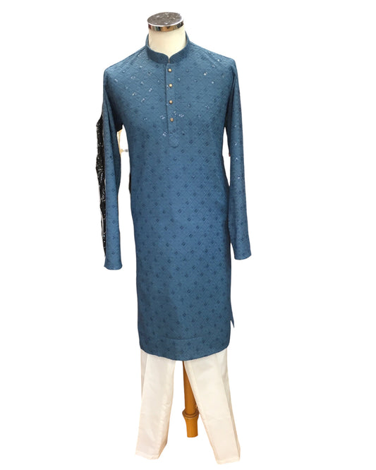 Stone Blue - Lucknowi Sequins Mens Indian Kurta set - Weddings / Walimas , Sangeet, Eid, Mehndi / Henna - YD2405 KT 0324