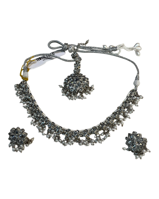 Pearl - Medium Size Silver Finish Necklace Set with Earrings & Head Piece - RAK436 04A26