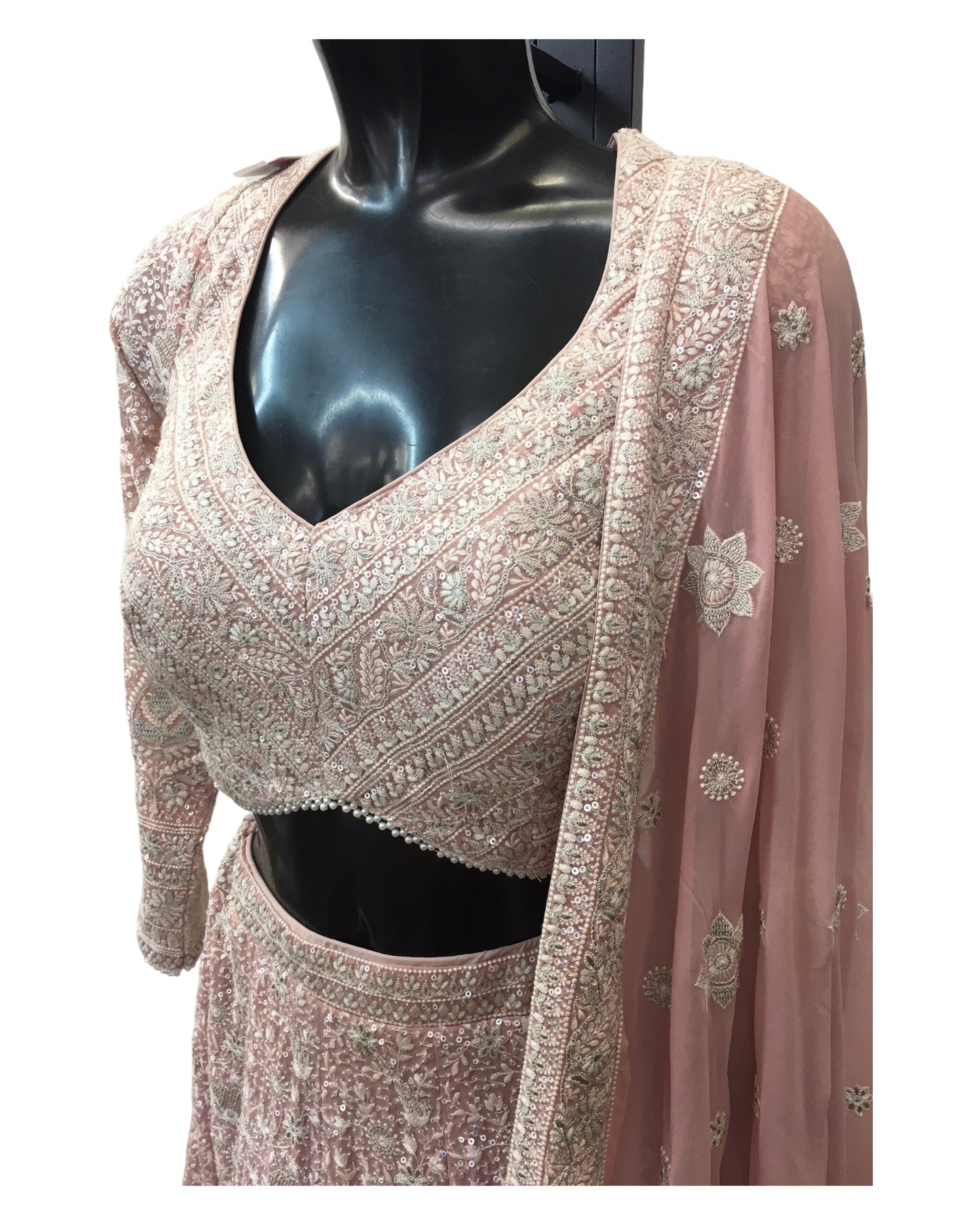 Dusty Pink - Delicately Embroidered Chiffon Designer Lehenga Set - UK 12-16 - UK Stock - 24h Dispatch - NE2401 CP 0724