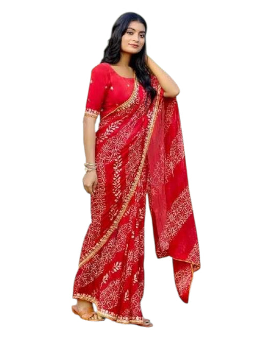 Red - Bandhani Printed - Chiffon Saree with Blouse Piece - KAS-Chuneri 306 10KV25