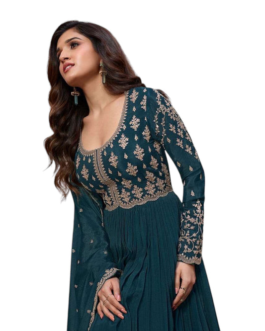 Chiffon - Teal Anarakali Long Dress with Trousers - Size 10 (Bust 36") - Inside Margin to let out ( 3 to 4")VF66571 TY 1024