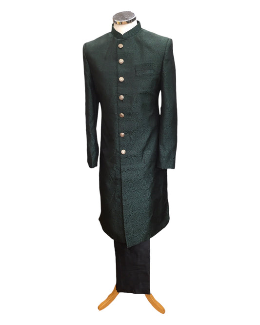 Racing Green - Classic Self Brocade Sherwani with Gold Buttons - BS786 JP 0824