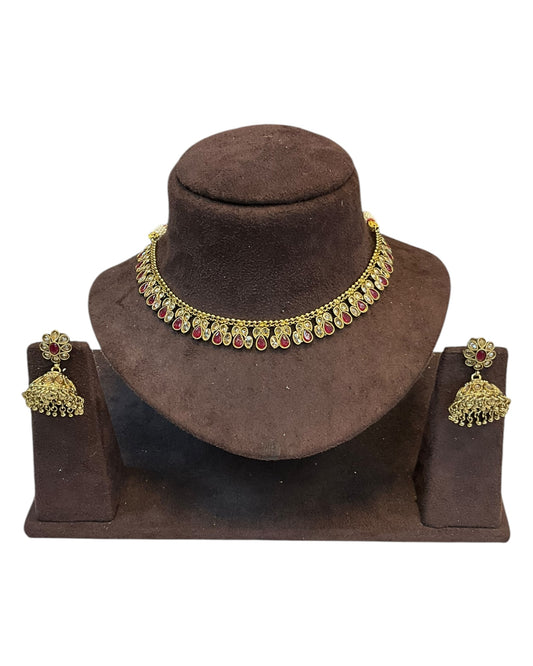 Magenta - Medium Size Antique Gold Finish Necklace Set - AE2508 H 0525