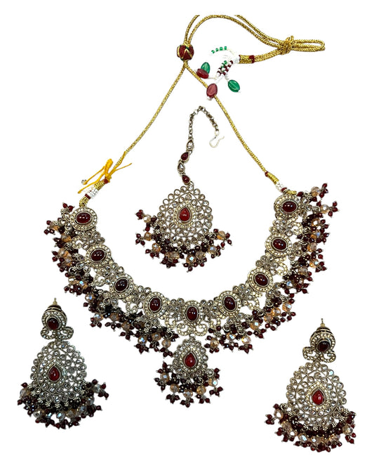 Maroon - Large - Antique Gold Finish Necklace Set with Earrings & Head Piece - AE2512 08KV25