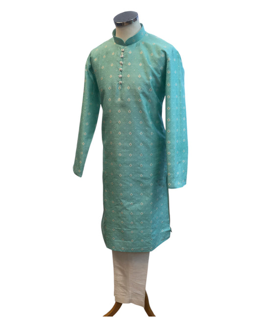 Light Blue - Handloom Self Brocade Mens Indian Kurta set - Weddings / Walimas , Sangeet, Mehndi / Henna , Eid / Diwali - BS2501 01VP25