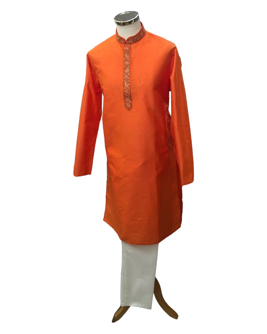 Orange - Handloom Self Brocade Mens Indian Kurta set - Weddings / Walimas , Sangeet, Eid, Mehndi / Henna - KCS2405 08KP24