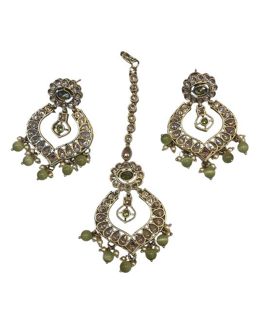 Olive Henna Green - Large Size Antique Gold Finish Necklace Set with Earrings - AV7785 11KK24