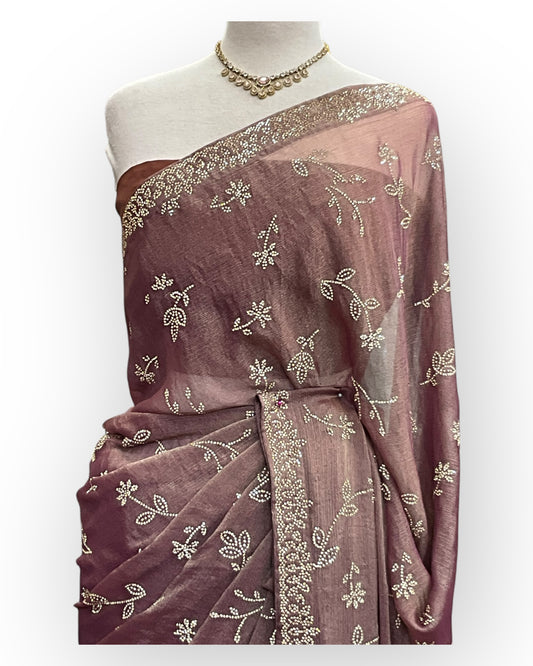 Dusty Pink - Chiffon Crepe - Party Wear Embroidered Saree with Blouse Piece - SP2504004 PY