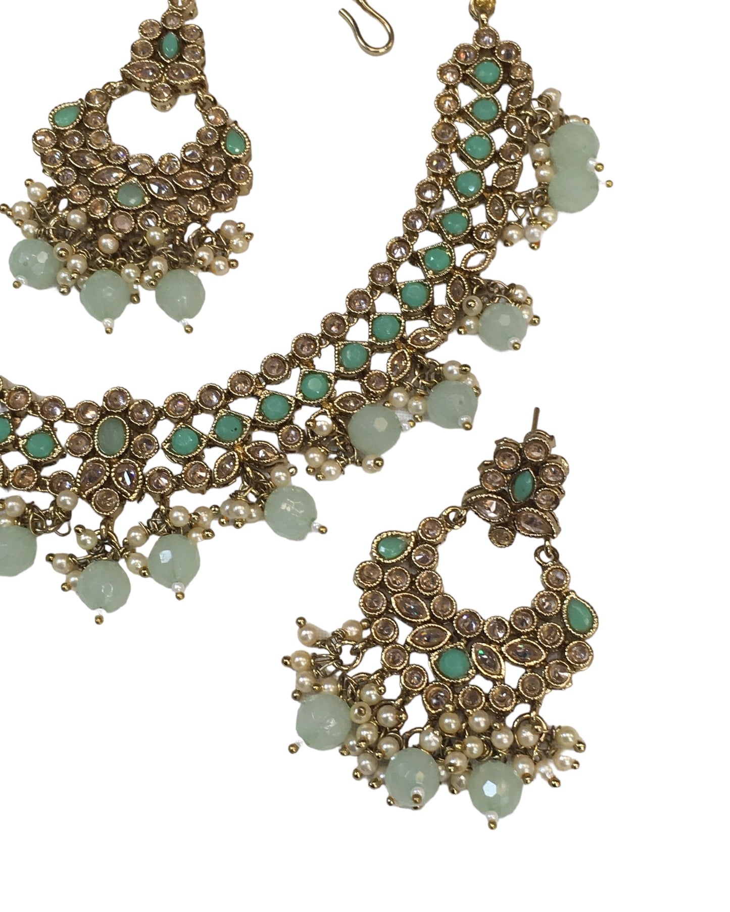 Mint Green - Medium Size Antique Gold Finish Necklace Set with Earrings - NIR786 KV 0424