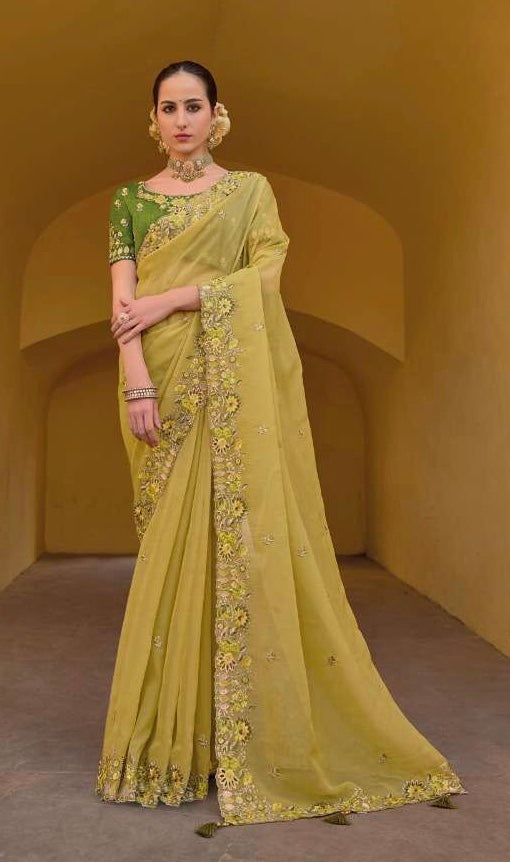 Yelllow - Chiffon Saree with Fancy Ready made Blouse - TAT6904 TA 0624