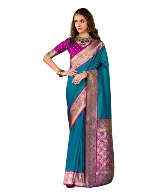 Turquoise Blue - Traditional Silky Handloom Banarasi Saree with Blouse Piece - 12KH25 RP393
