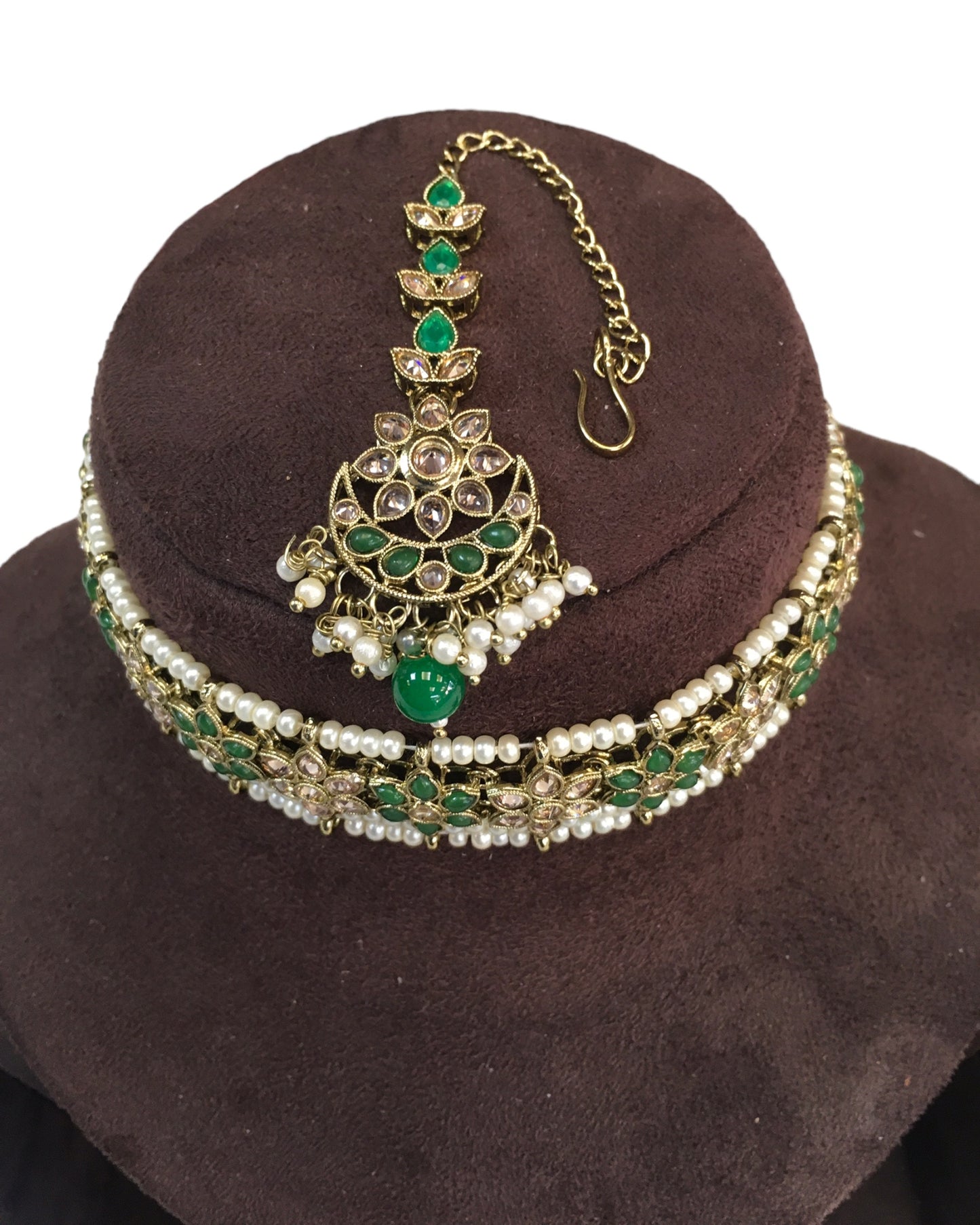 Green - Large Size Antique Gold Finish Necklace Set with Earrings - RAK95 KV 0424