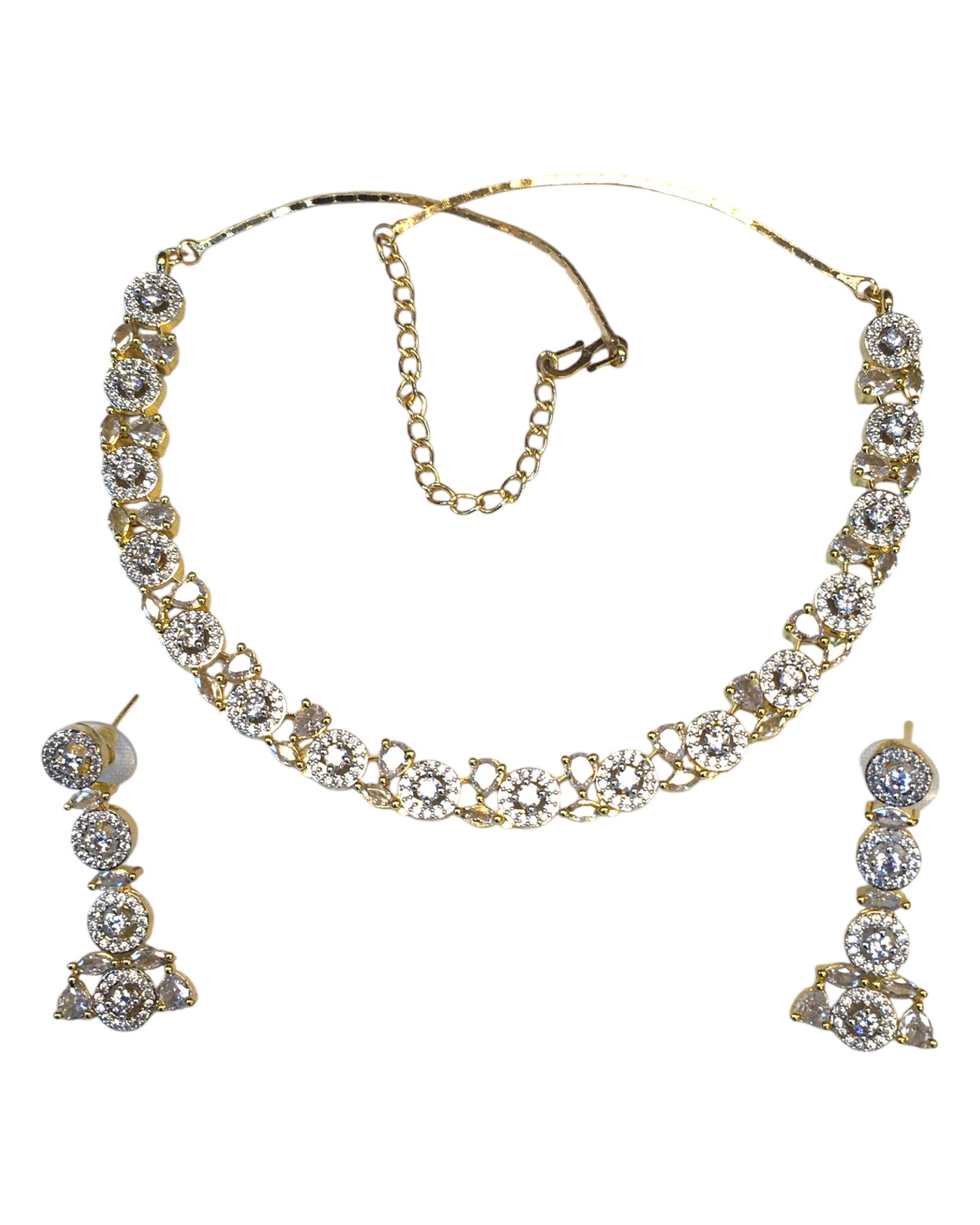Clear - American Diamond Style Gold Finish Small Size Necklace Set with Earrings - AE2423 11C24