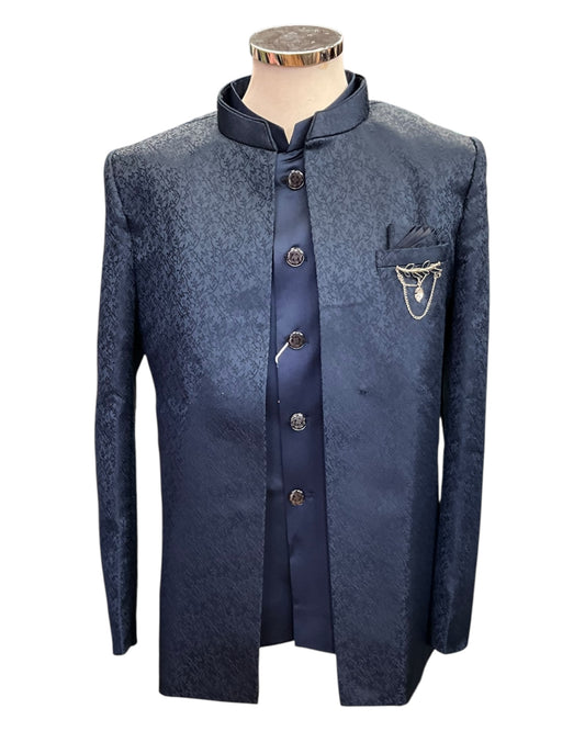 Navy Blue - PREMIUM Slim Fit Mens BandhGala / Prince / Chinese Collar Open Jacket with inside Waistcoat- Fantastic Fit - CS2510 JP 0625