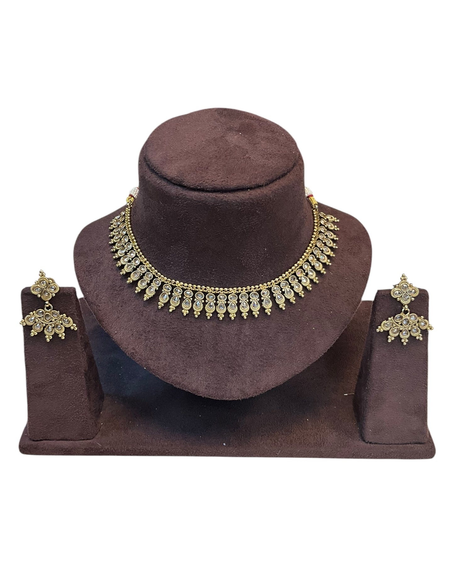 Gold / Neutral / Pearl - Small Size Antique Gold Finish Necklace Set with Earrings - AE2501 A 0525