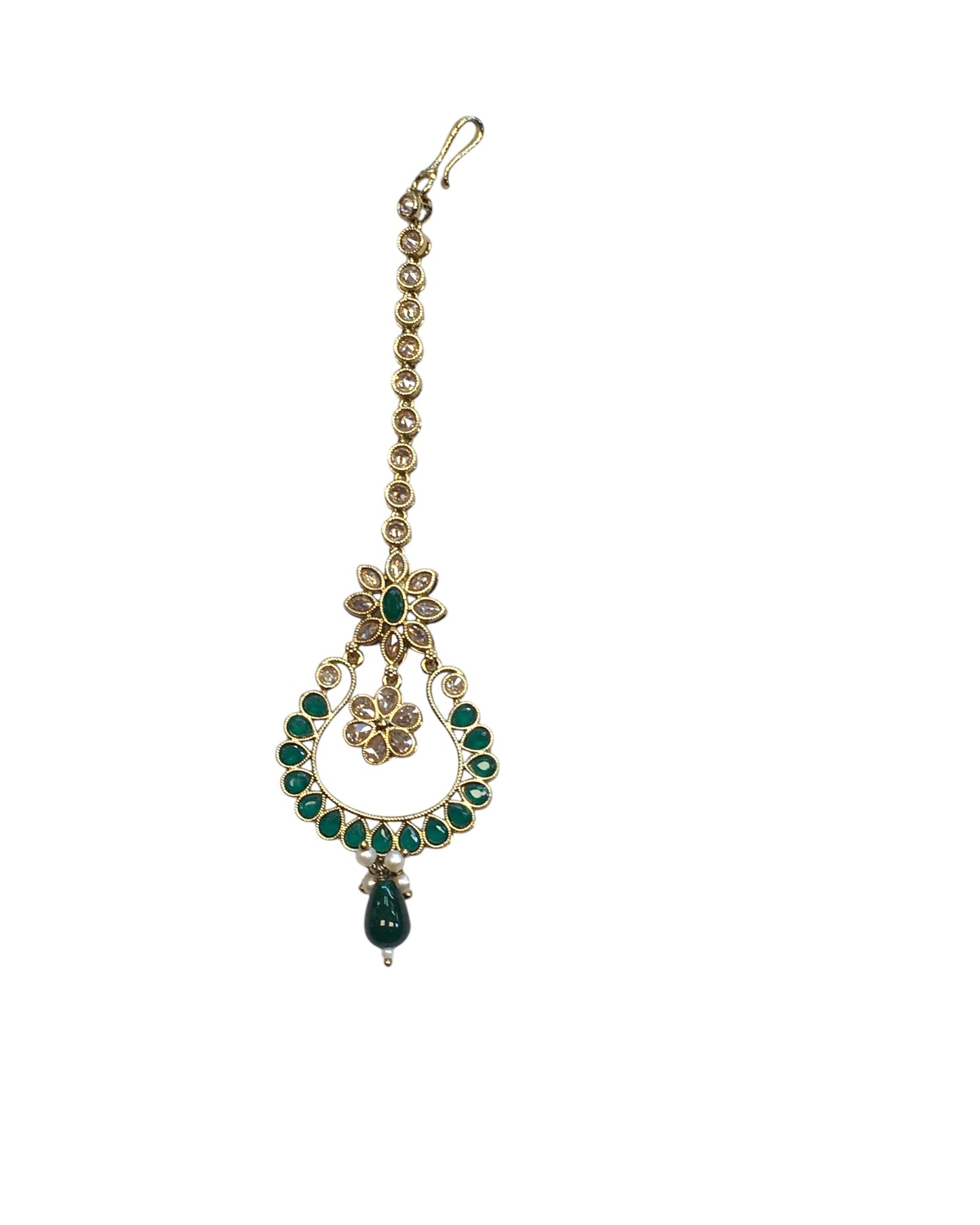 Green - Antique Gold Finish Large Size Tika Head Piece - Indian Ladies Fashion Jewellery - AE2440 11T24