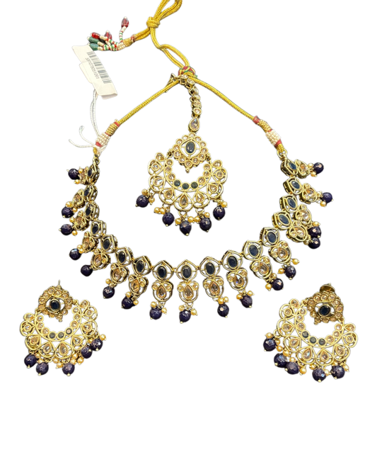 Navy Blue - Large Size Antique Gold Finish Necklace Set with Earrings - AV7787 11KK24
