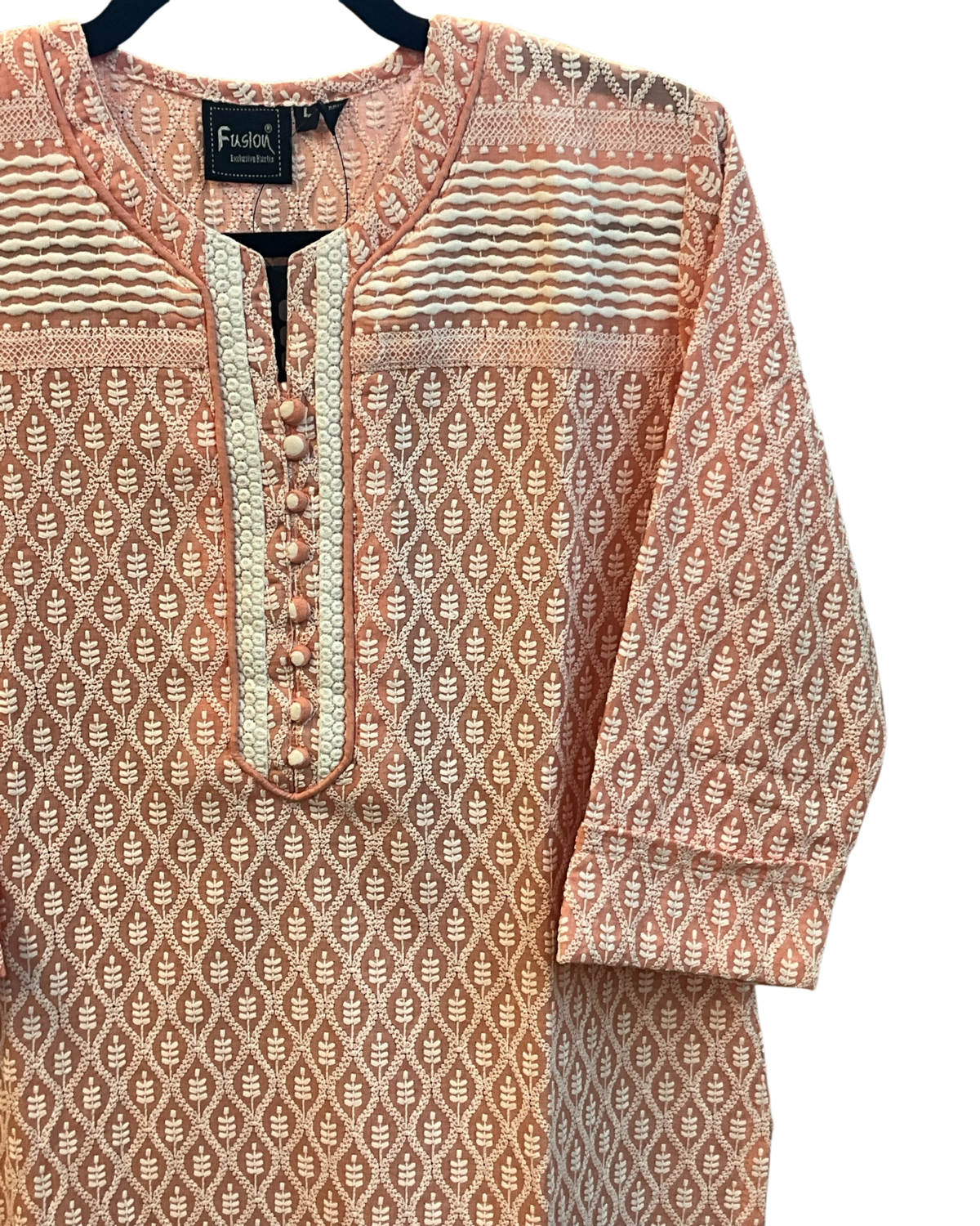 XS to XXXL - Pastel Coral Pink - Lucknowi Cotton Ladies Kameez Top only - Funeral / Church / Casual - ARV4380 H