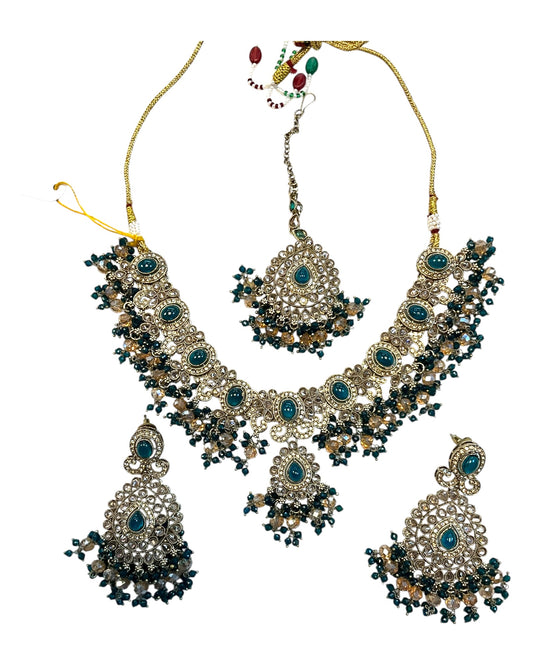 Teal / Bottle Green - Large - Antique Gold Finish Necklace Set with Earrings & Head Piece - AE2512 08KV25