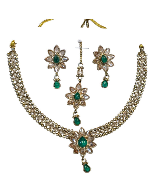 Green - Medium Size Antique Gold Finish Necklace Set with Earrings & Head Piece /Tika- SLV80 11H24