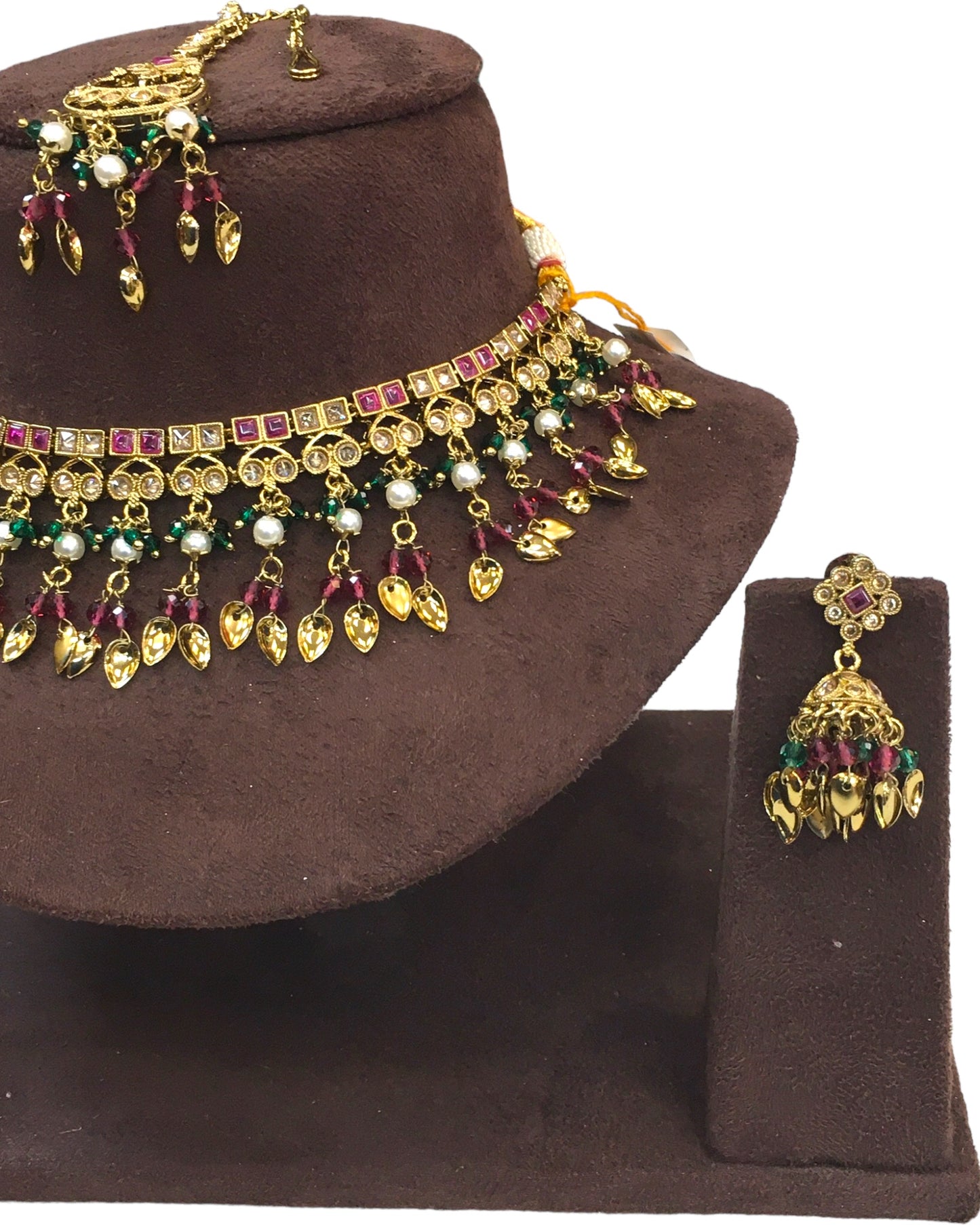 Magenta - Medium Size Antique Gold Finish Necklace Set with Earrings - HB1000 KY 0424