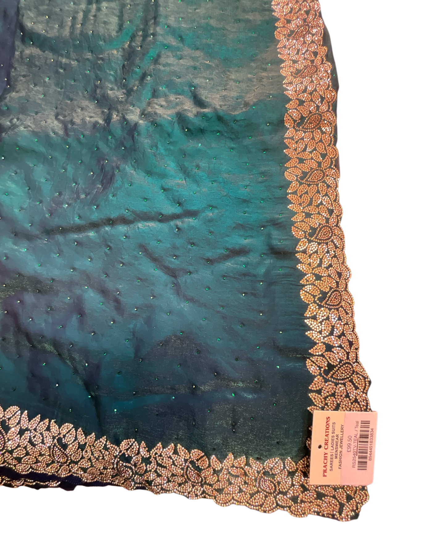 Teal - Soft Crepe - Stone Work Saree with Blouse Piece - UK stock - 24hr Dispatch - RS2540 TV