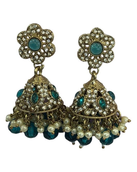 Turquoise - Medium - Antique Finish Traditional Zhumki Earrings - Bollywood - Weddings - CH535 V 0724