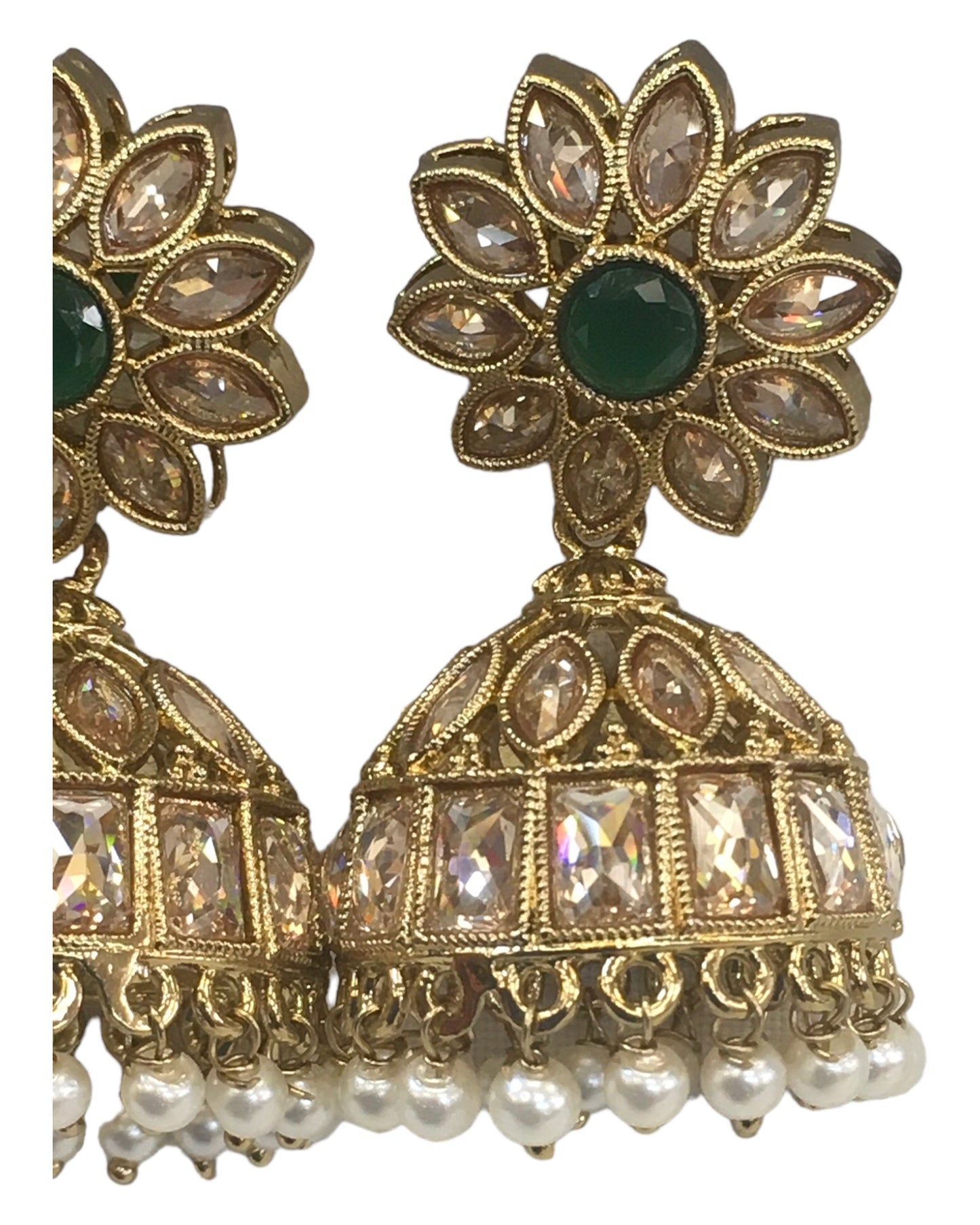 Green - Medium - Antique Gold Finish Traditional Zhumki Earrings - Bollywood - Weddings - SV2409 Rp 0724