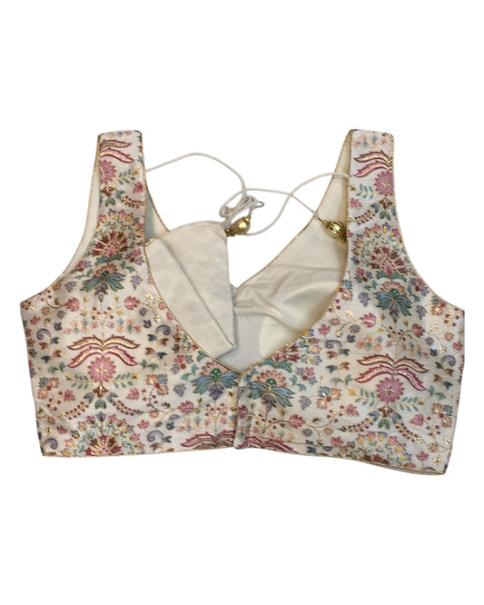 36" Bust (UK 10) Cream - Silky Block Print Saree / Lehenga blouse - Can be let out to size 14 - X1199 01KV25