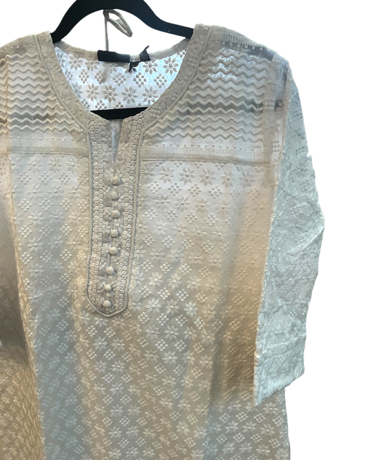 XS to XXXL - White - Lucknowi Cotton Ladies Salwar Kameez / Punjabi Suit with Chiffon Dupatta - Funeral / Church ARV2176 KC