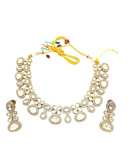 Clear / Neutral - Medium Size Antique Gold Finish Choki Necklace Set with Earrings - Bollywood - AVON-KU06 08VV25