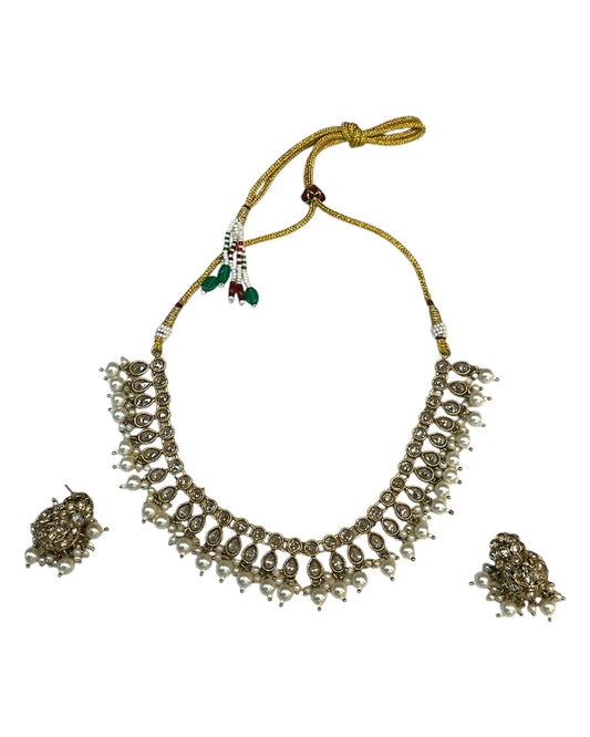 Clear / White - Medium Size Antique Gold Finish Necklace Set with Earrings - RAK381 Rp