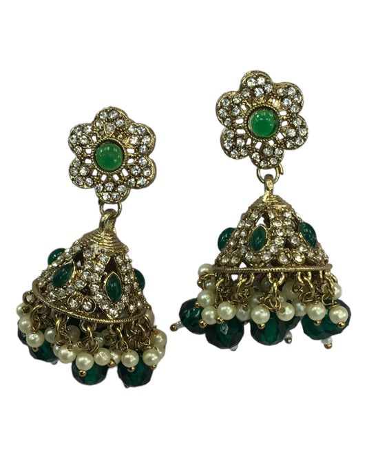 Green - Medium - Antique Finish Traditional Zhumki Earrings - Bollywood - Weddings - CH535 V 0724
