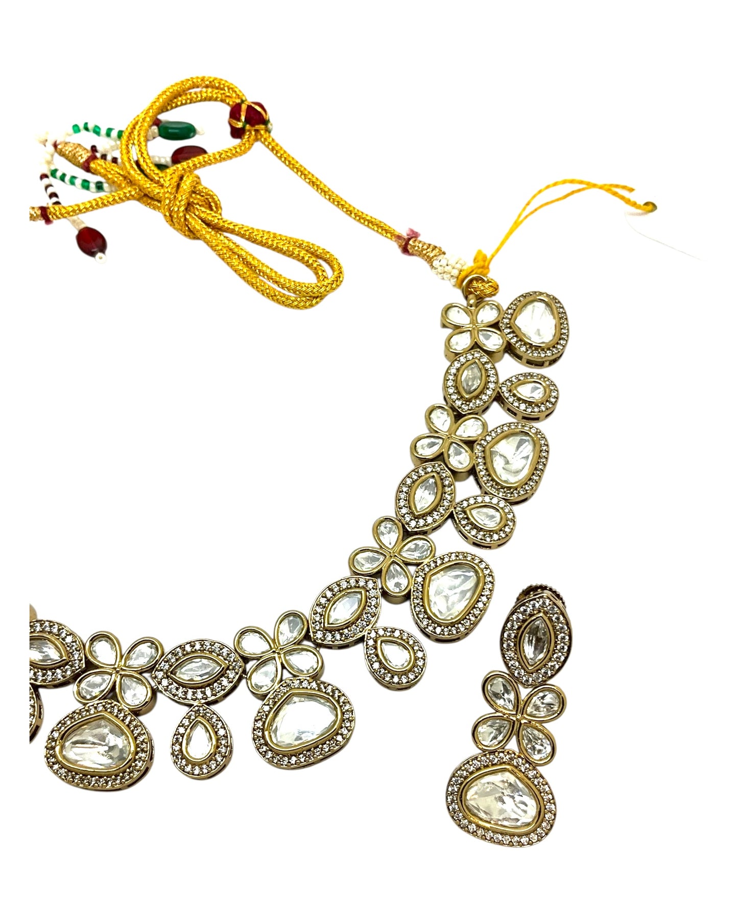 Clear / Neutral - Medium Size Antique Gold Finish Choki Necklace Set with Earrings - Bollywood - AVON-KU06 08VV25