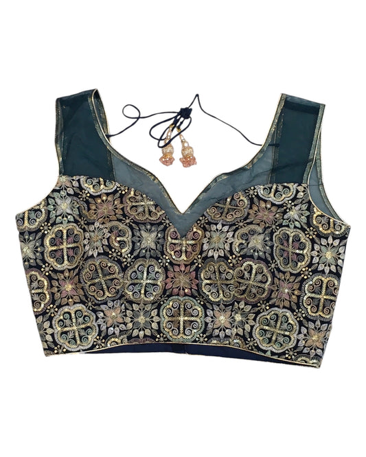 Teal Blue - Pastel Embroidered with Net Shoulders Saree / Lehenga blouse - 40" Bust (UK 14) Can be let out to size 18 - B193 01KP25