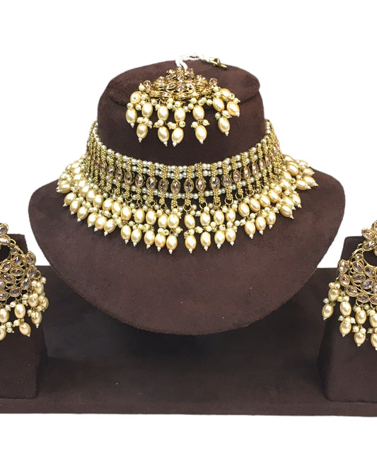Gold / Neutral - Large Size Antique Gold Finish Necklace Set with Earrings - JE14 KY 0424