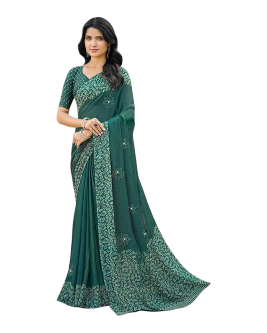 Teal - Chiffon Printed Saree with Blouse Piece - UK stock - 24hr Dispatch - LTF108 07KT26
