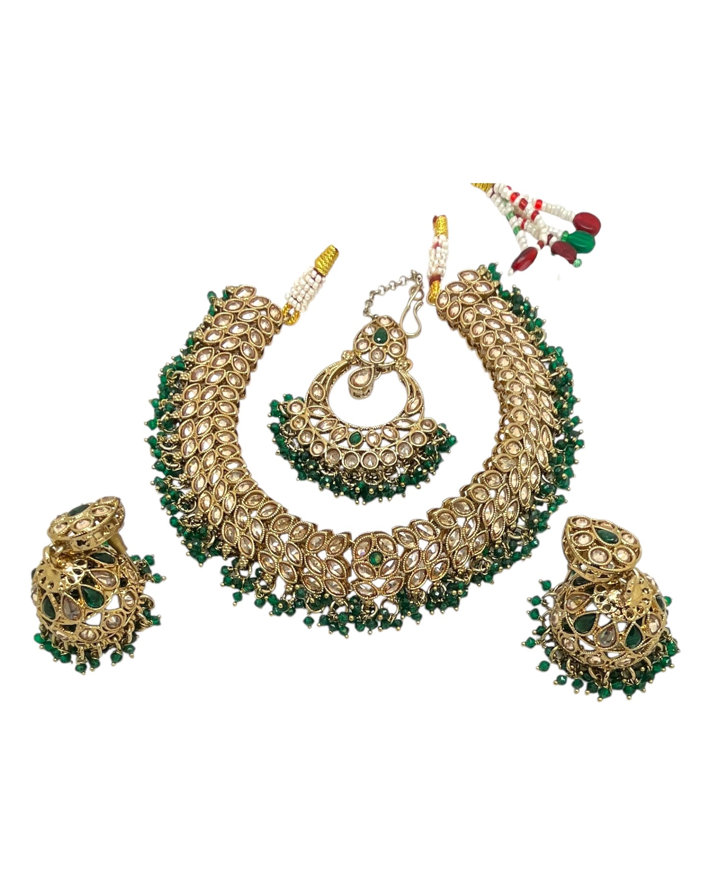 Green - Large Size Antique Gold Finish Necklace Set with Earrings & Tika (Head Piece) - UK Stock - GGA17 08KK25