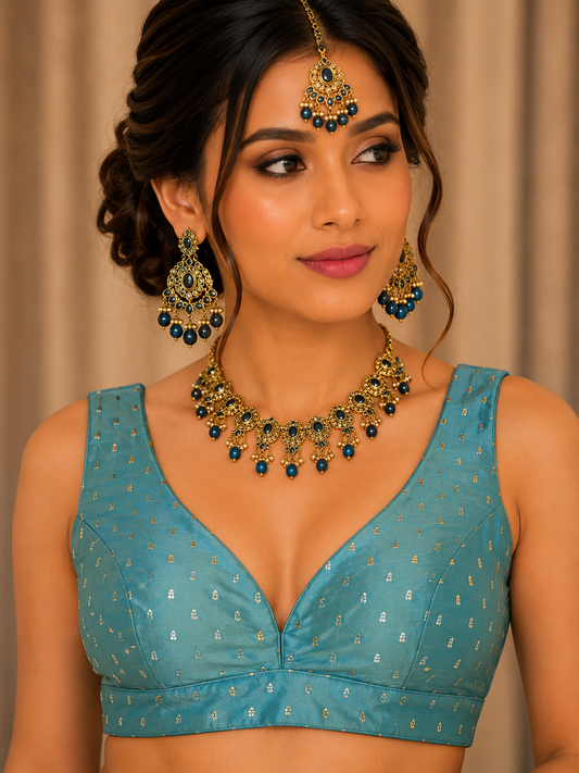 40" / UK 14 - Light Blue - Silky Designer Saree blouse with cups, Sleeveless - UK Stock - Quick Delivery - RNK - R717 KV